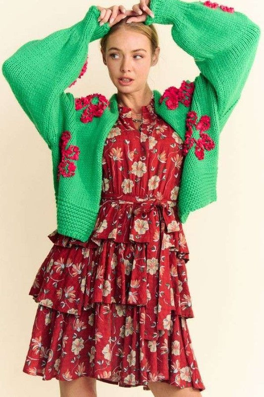 Davi & Dani Pop of Personality Floral Applique Open Front Drop Shoulder Cardigan in Green