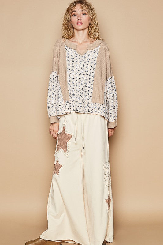 POL A Touch of Sunshine Waffle Knit Floral Notched Long Sleeve Top in Tan