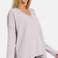 Zenana All About Details Texture Exposed Seam V-Neck Long Sleeve T-Shirt in Light Gray