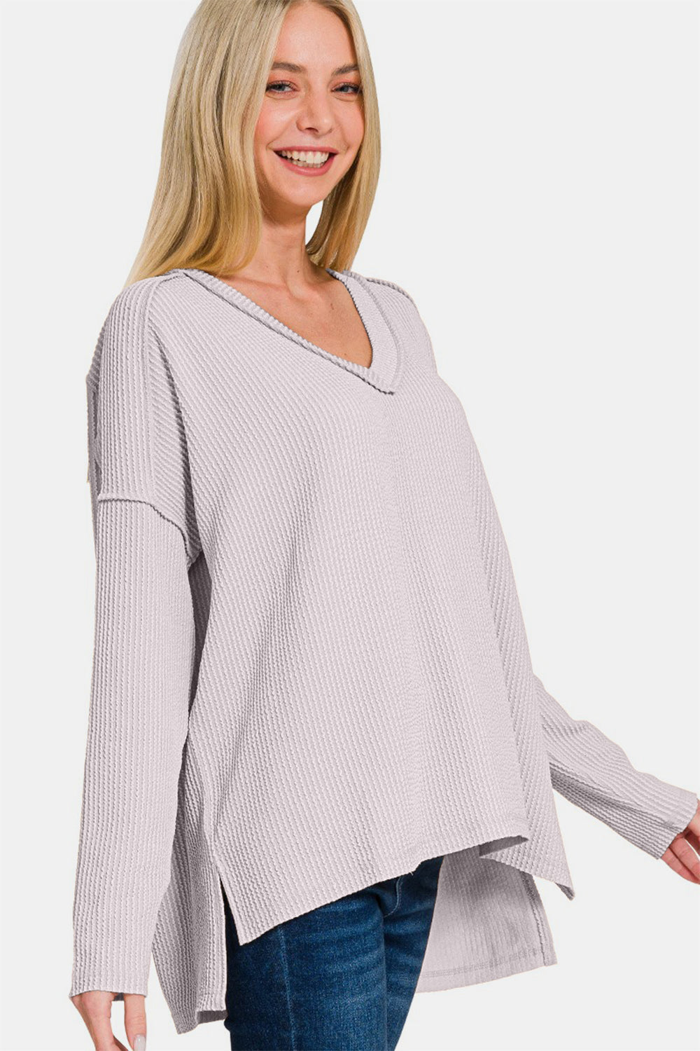 Zenana All About Details Texture Exposed Seam V-Neck Long Sleeve T-Shirt in Light Gray