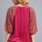 Umgee A Pop of Leopard Balloon Sleeve Velvet Top in Raspberry