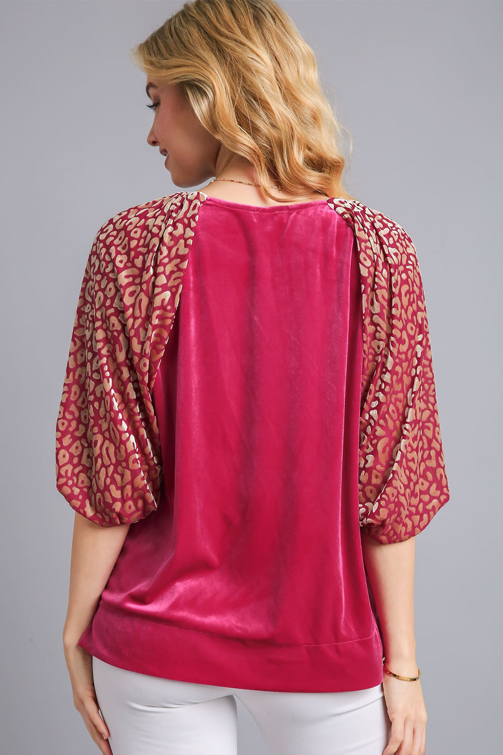 Umgee A Pop of Leopard Balloon Sleeve Velvet Top in Raspberry