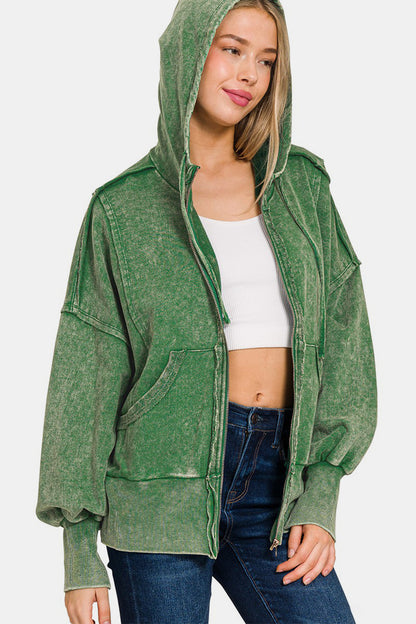 Zenana My Go To French Terry Acid Washed Zip-Up Hoodie with Pockets in Dark Green