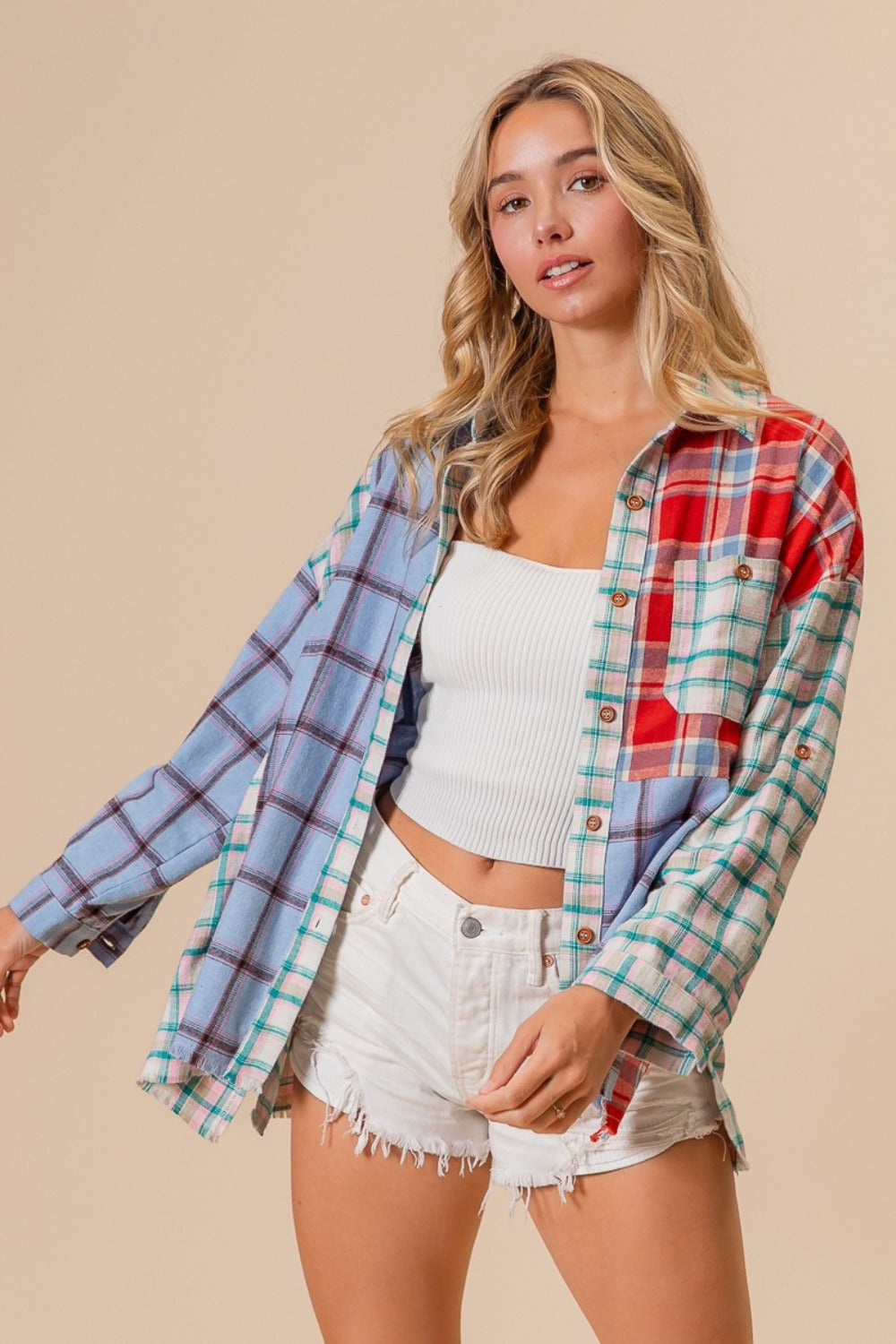 BiBi By The River Color Block Plaid Button Down Shirt