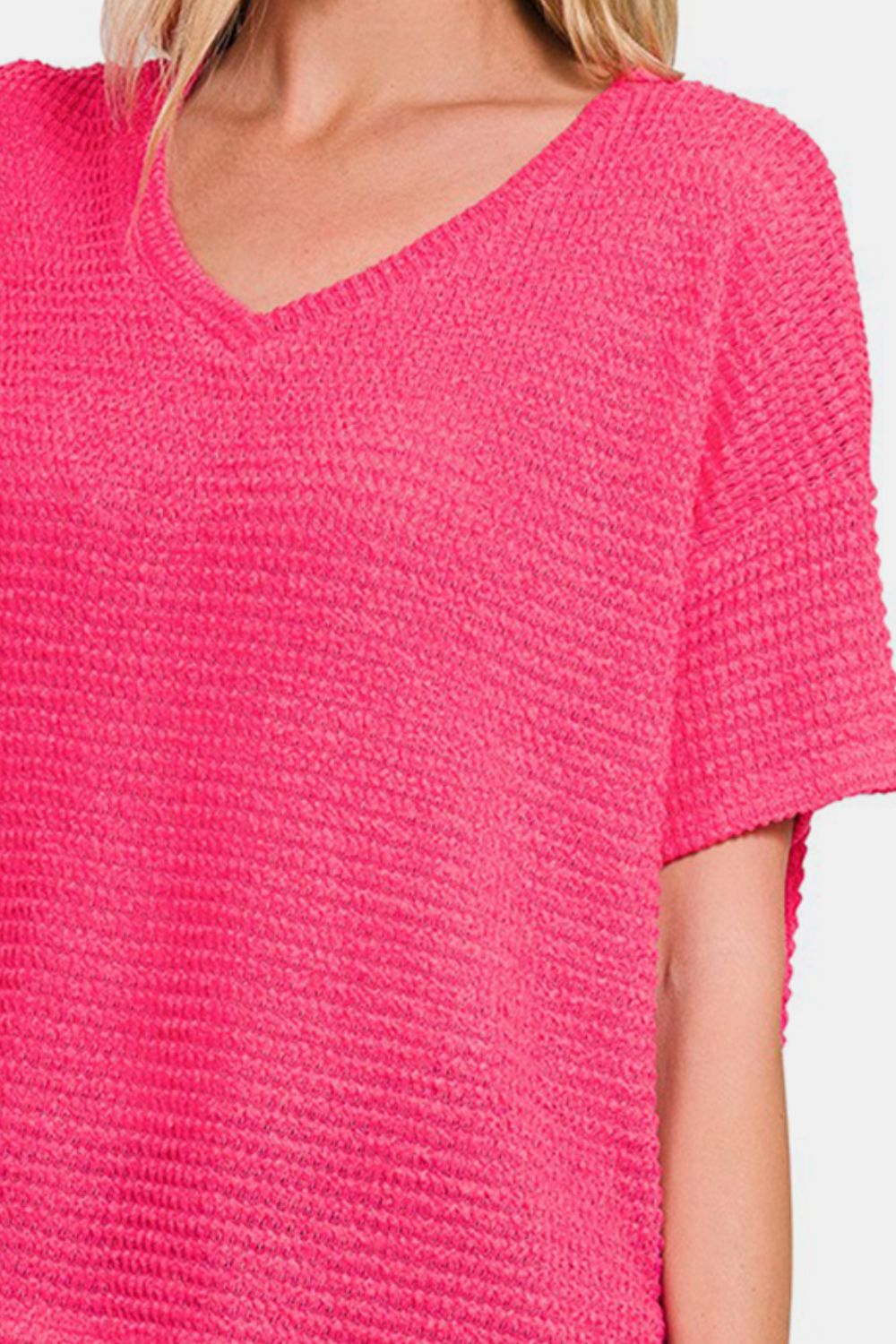 Zenana Summer In Fuchsia Drop Shoulder Short Sleeve Jacquard Knit Top