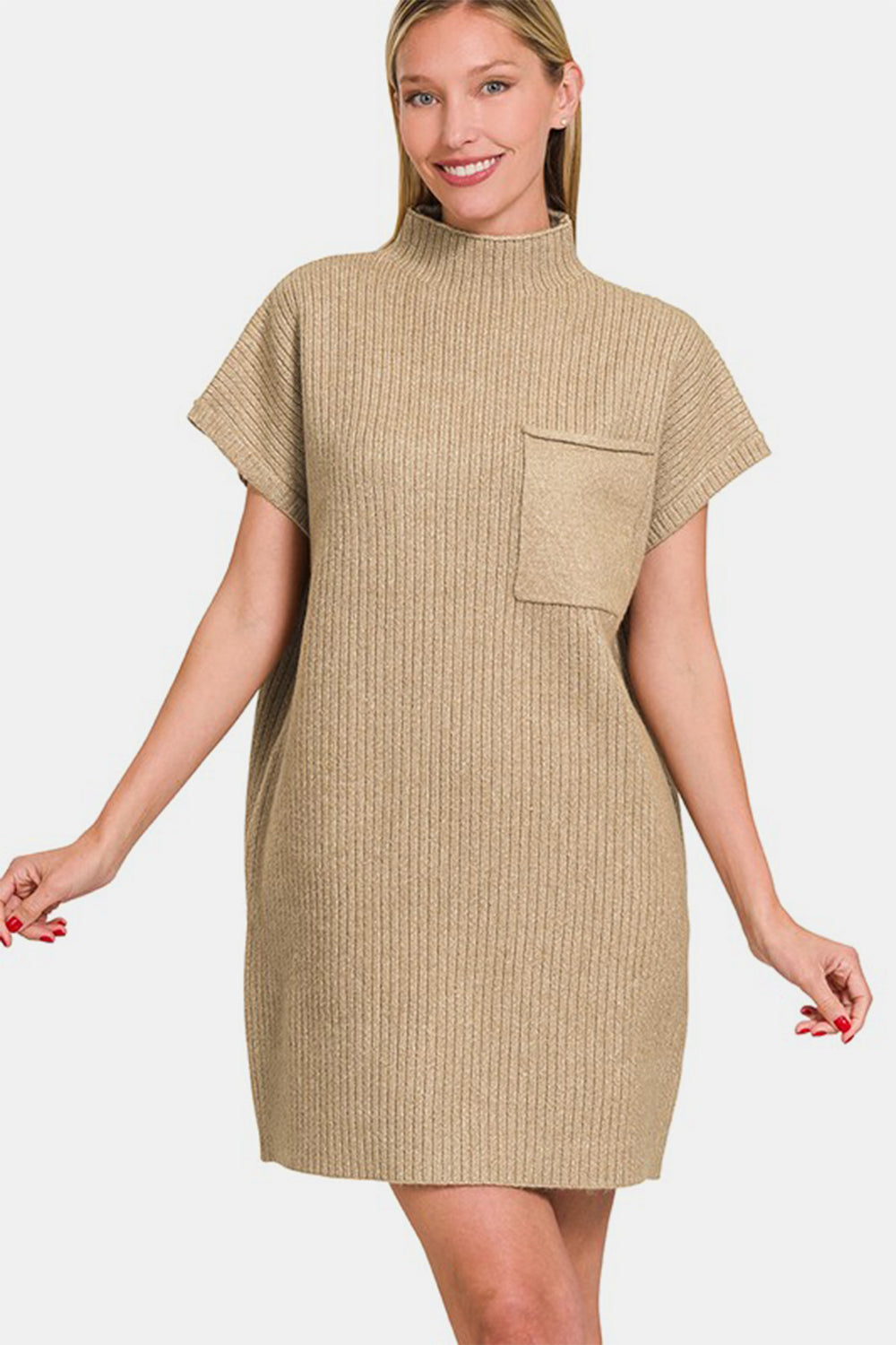 Zenana I'm Ready Short Sleeve Sweater Mini Dress in Camel