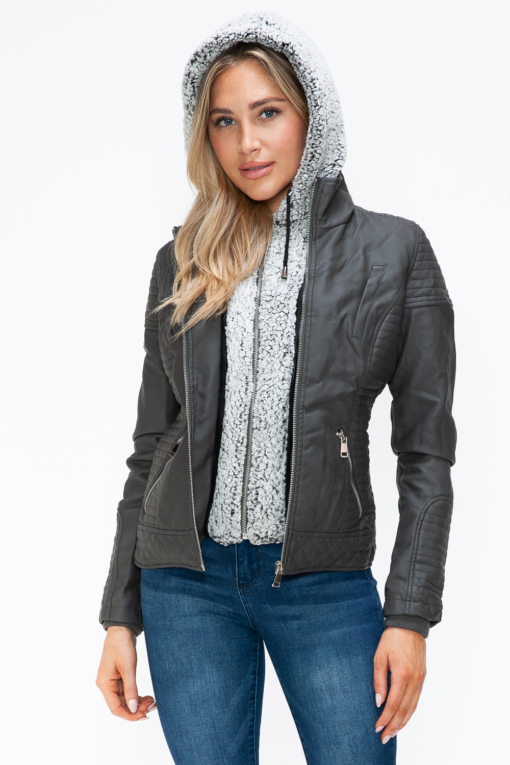 YMI Fuzzy Feels Faux Layered Double-Zipper Jacket with Fuzzy Hood in Charcoal