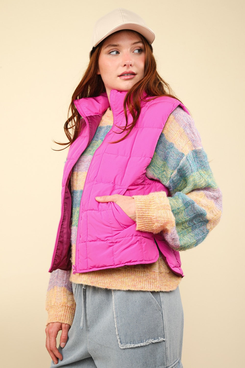 VERY J In Puffer Haven Zip Up Puffer Padded Warm Vest in Fuchsia