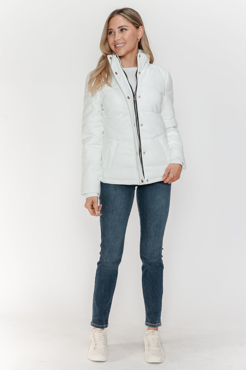 YMI Cozy Perfection Pocketed Zip Up Turtleneck Puffer Jacket in White