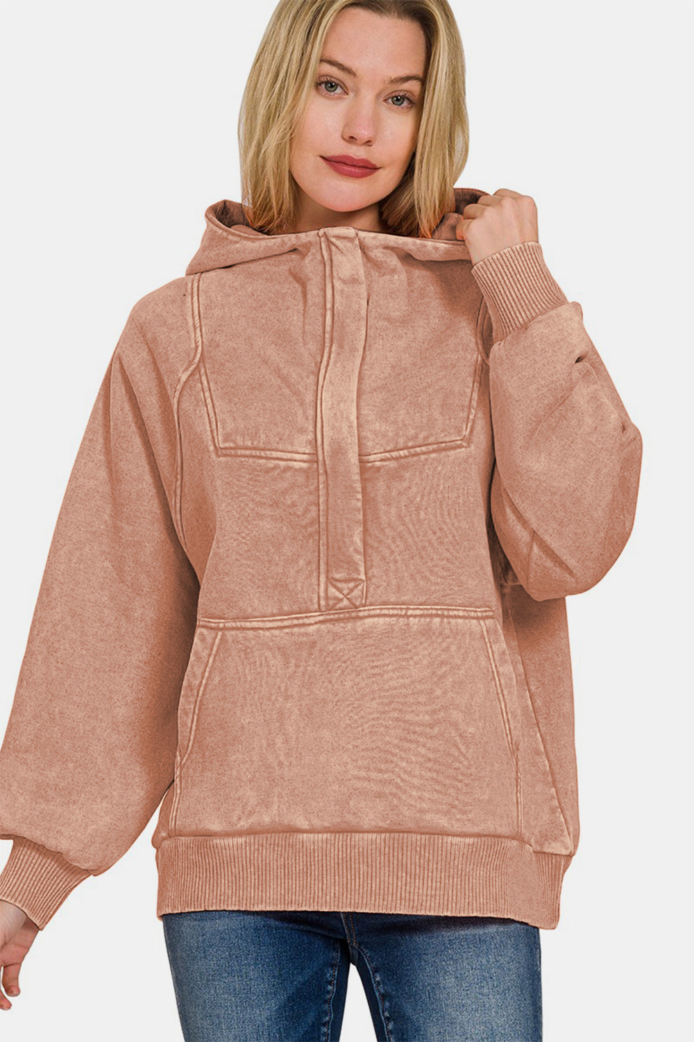 Zenana Easy Thinking Acid Wash Fleece Kangaroo Pocket Hoodie in Rust