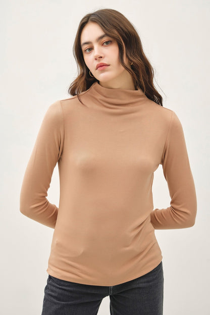 Be Cool Finding My Balance Mock Neck Long Sleeve T-Shirt in Camel