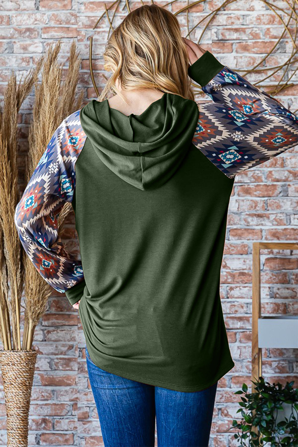 Heimish All Day Vibin' Half Button Printed Long Sleeve Hooded Top in Olive