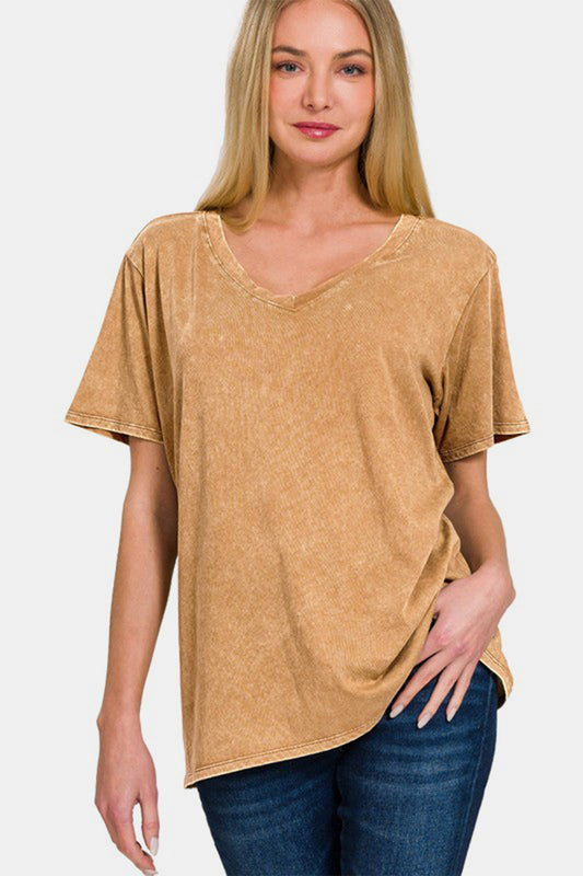 Zenana Cute in Camel Washed Short Sleeve V-Neck T-Shirt