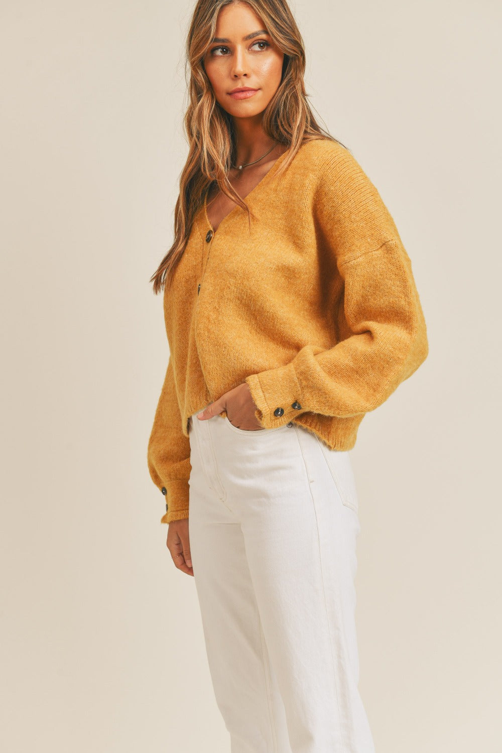 MABLE Buttoned Up Long Sleeve Button Down Sweater Cardigan in Mustard