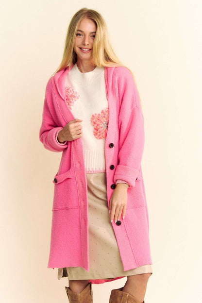 Davi & Dani Warm Me Up Side Slit Button Up Hooded Cardigan in Pink