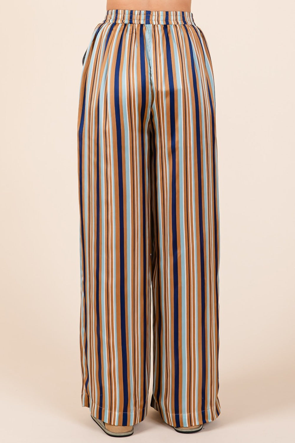 Mittoshop Oh Hey There Striped Satin Elastic Waist Wide Leg Pants in Navy Multi