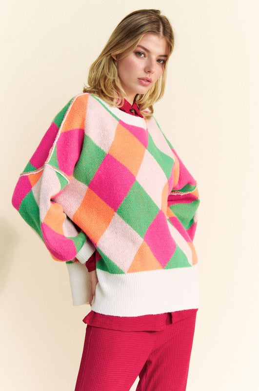 Davi & Dani Enchant Exposed Seam Color Block Dropped Shoulder Sweater
