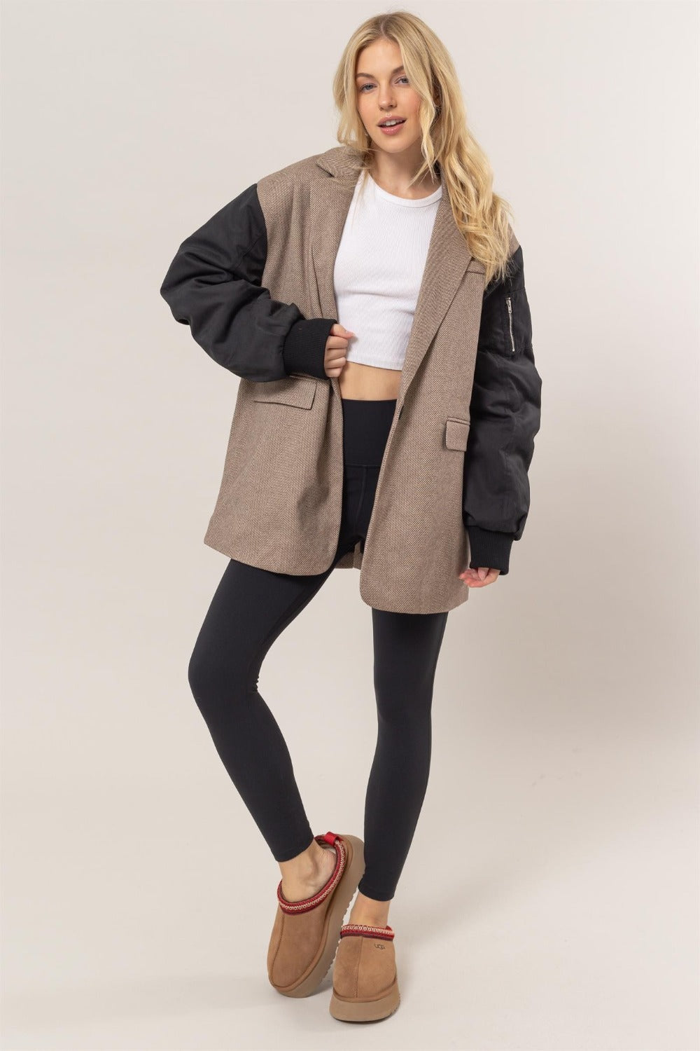 HYFVE Elevation Herringbone Mixed Media Contrast Long Sleeve Blazer
