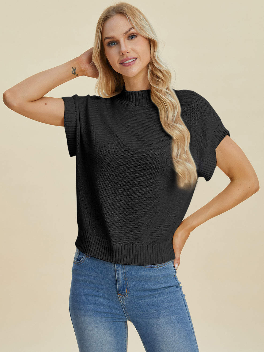 Double Take Lovely Day Mock Neck Short Sleeve Sweater