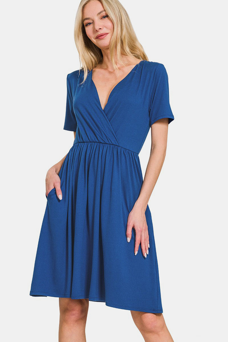 Zenana On The Right Track Surplice Short Sleeve Brushed DTY Dress in Navy