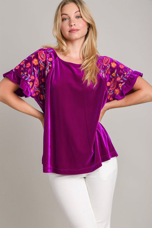 Umgee Tells A Story Velvet Embroidery Short Sleeve Blouse in Violet