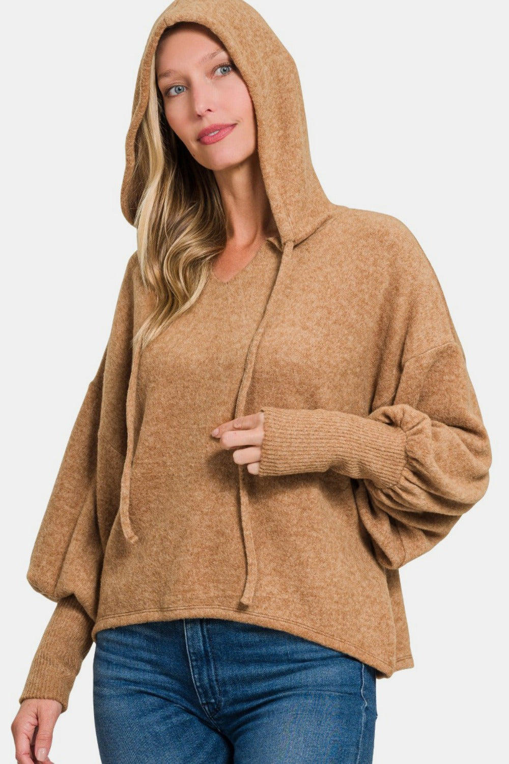 Zenana Brushed Perfection Hacci Drop Shoulder Cropped Hoodie in Deep Camel