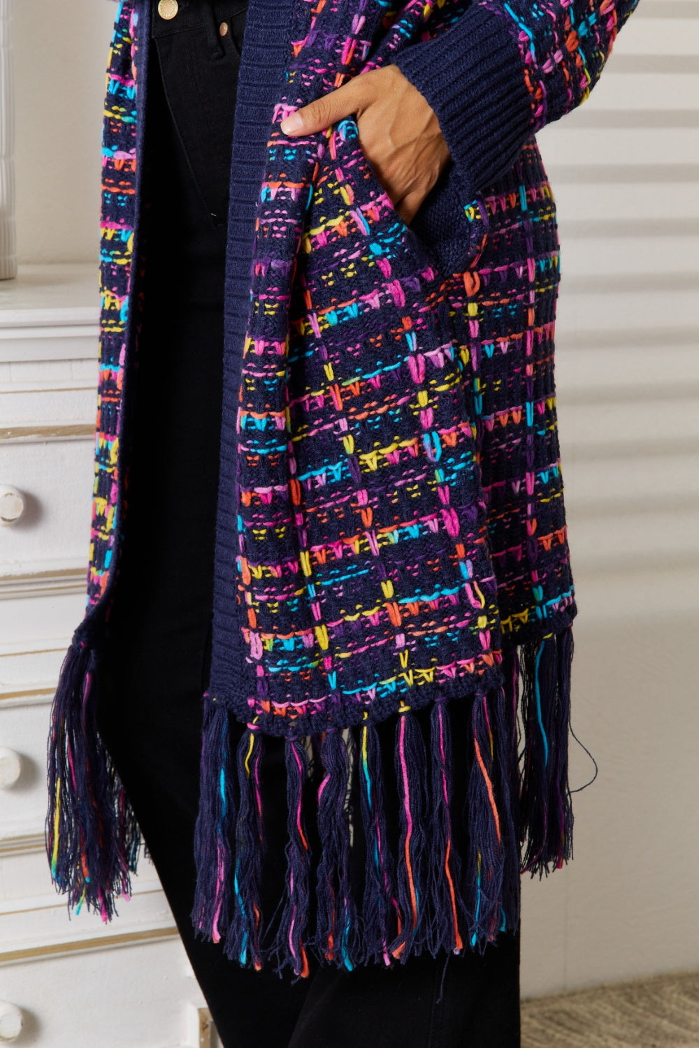 Angel Wings Through The Clouds Fringe Hem Open Front Cardigan in Navy