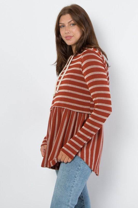 Be Stage Stripes and Sweetness Drawstring Striped Babydoll Hoodie