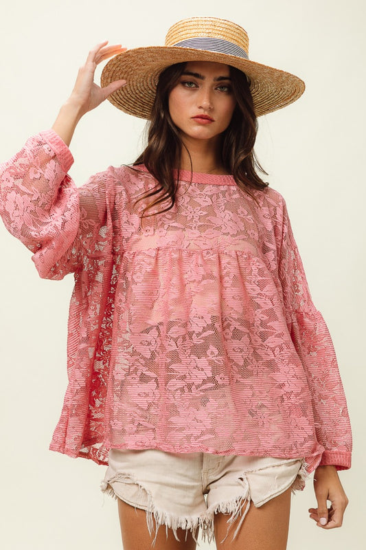 BiBi Bohemian Lace Floral Lace Long Sleeve Top