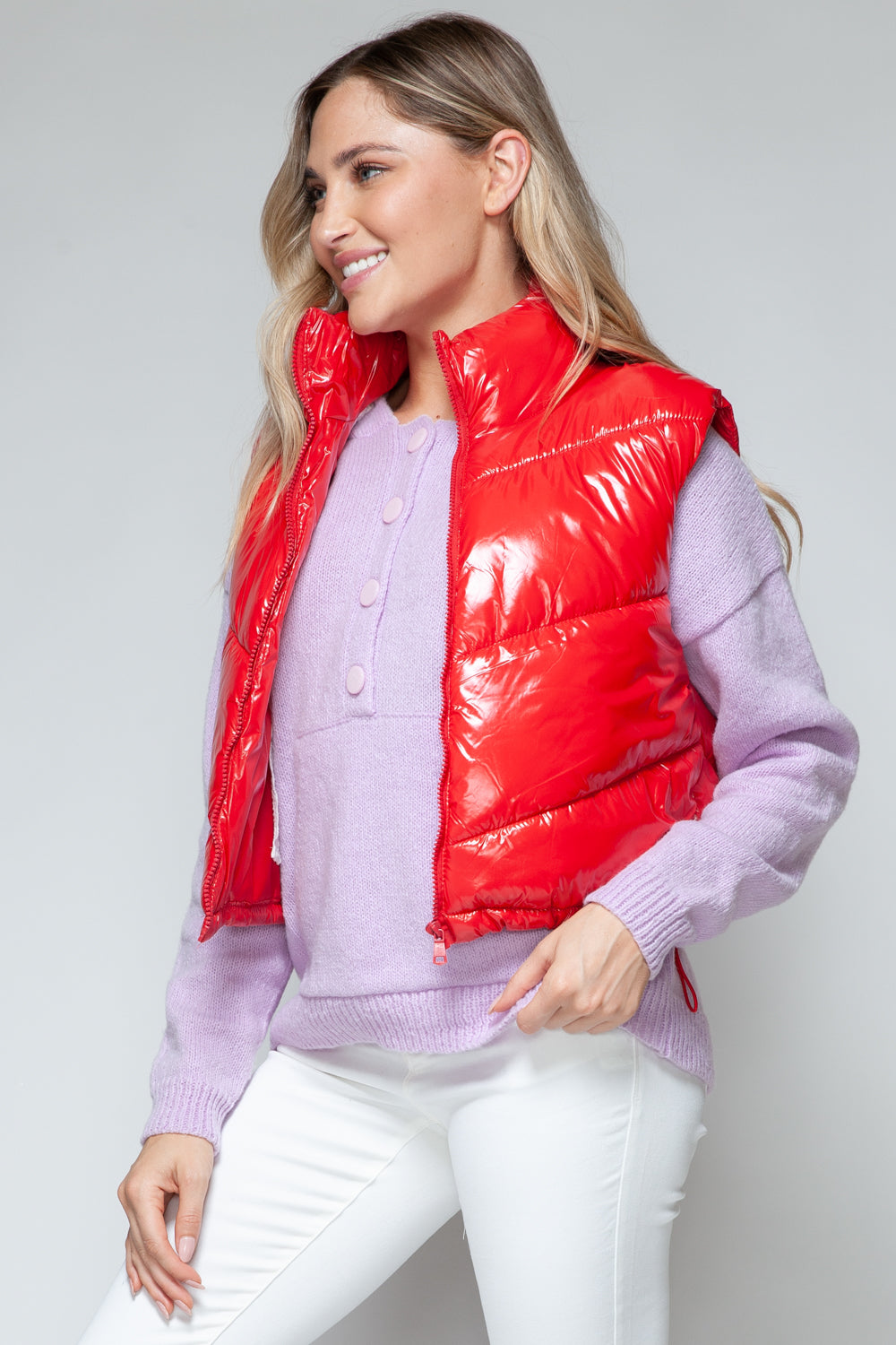 Snobbish A Quilted Touch Zip Up Turtleneck Shiny Quilted Vest in Red