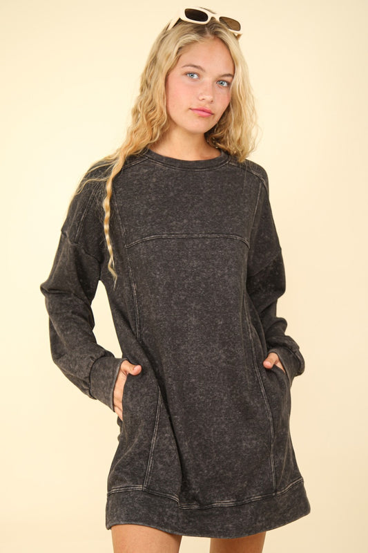 VERY J Oversized Moments Mineral Washed Oversized Sweatshirt Mini Dress in Black