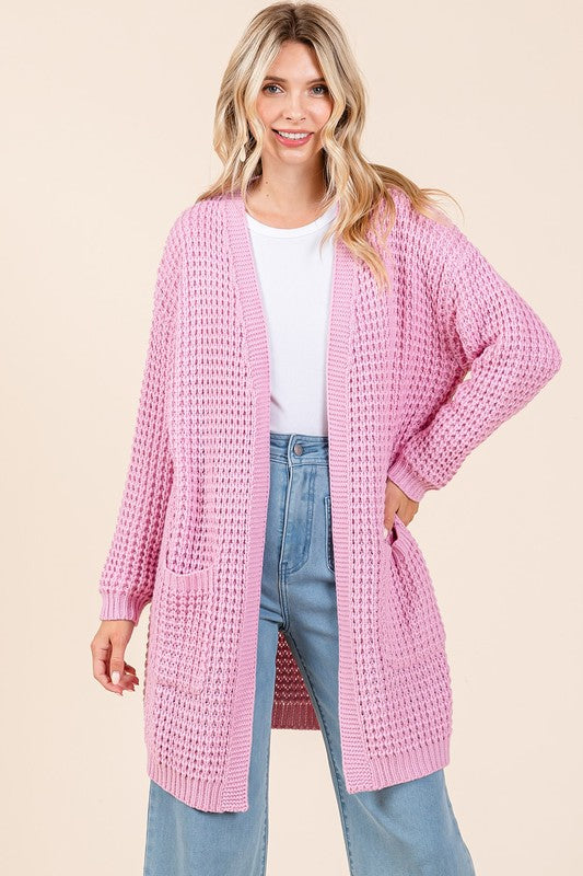 Mittoshop Cozy Hug Open Front Long Sleeve Longline Cardigan in Pink