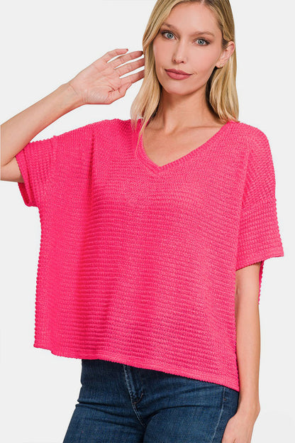 Zenana Summer In Fuchsia Drop Shoulder Short Sleeve Jacquard Knit Top