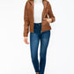 YMI Fuzzy Feels Faux Layered Double-Zipper Jacket with Fuzzy Hood in Camel