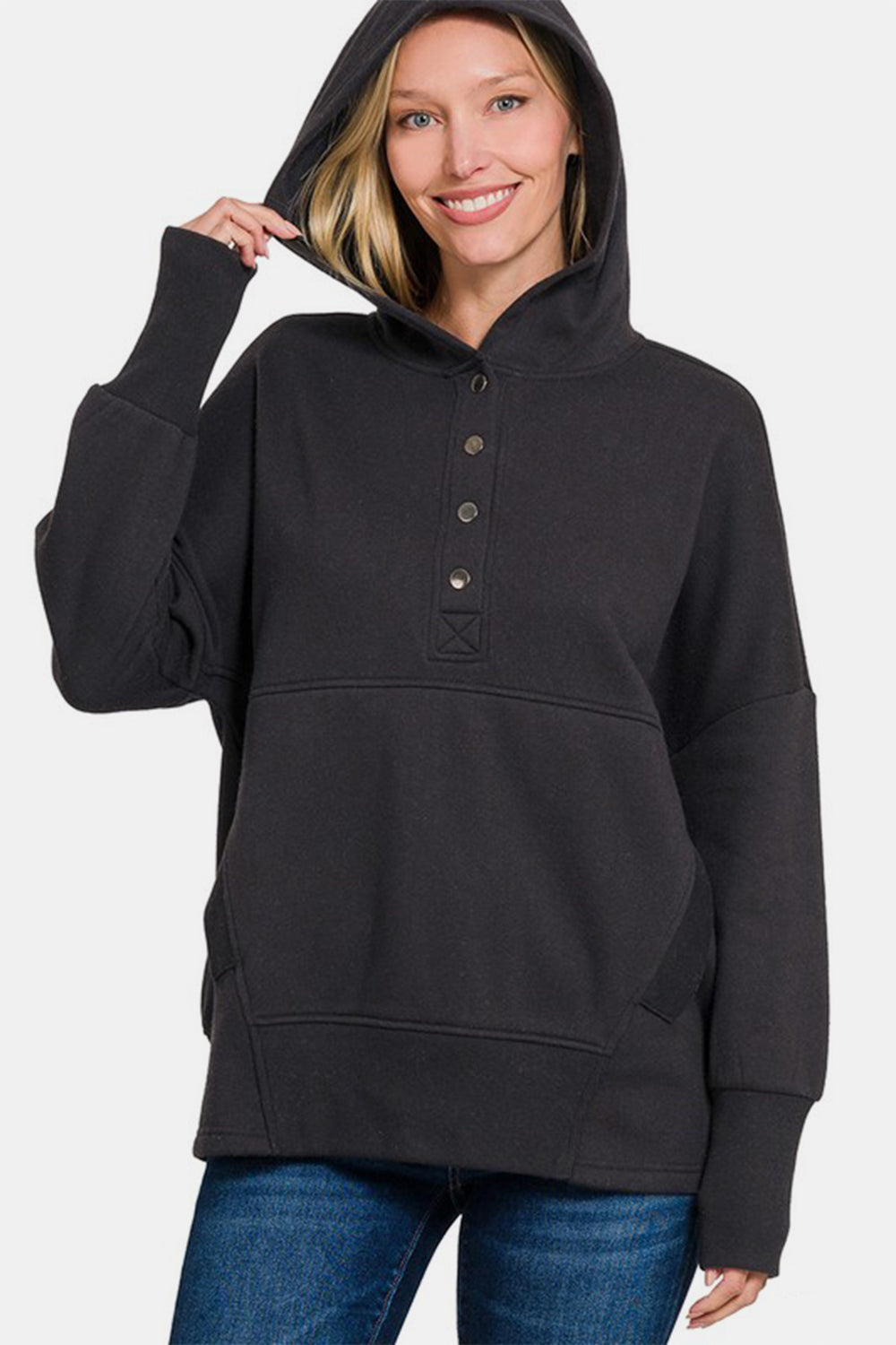 Zenana You Have My Heart Half Snap Long Sleeve Hoodie Top with Kangaroo Pocket in Black