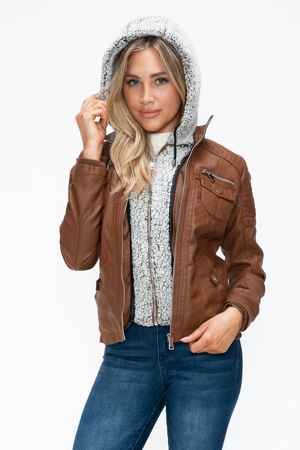 YMI Hooded and Happy Removable Faux Layered Multi-Pocket Jacket with Fuzzy Hood in Rust