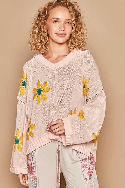 POL Wrap Me In Your Arms Floral Pattern Hooded High-Low Sweater in Pink