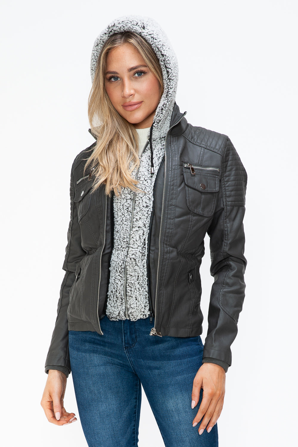 YMI Hooded and Happy Removable Faux Layered Multi-Pocket Jacket with Fuzzy Hood in Charcoal