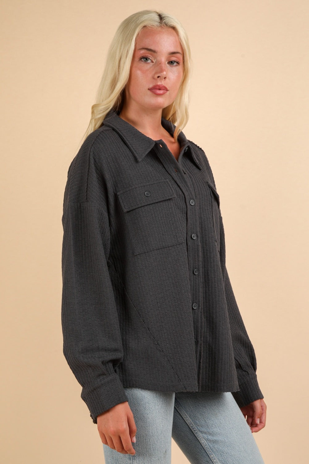 VERY J I'm Covered Button Down Textured Knit Shacket in Charcoal