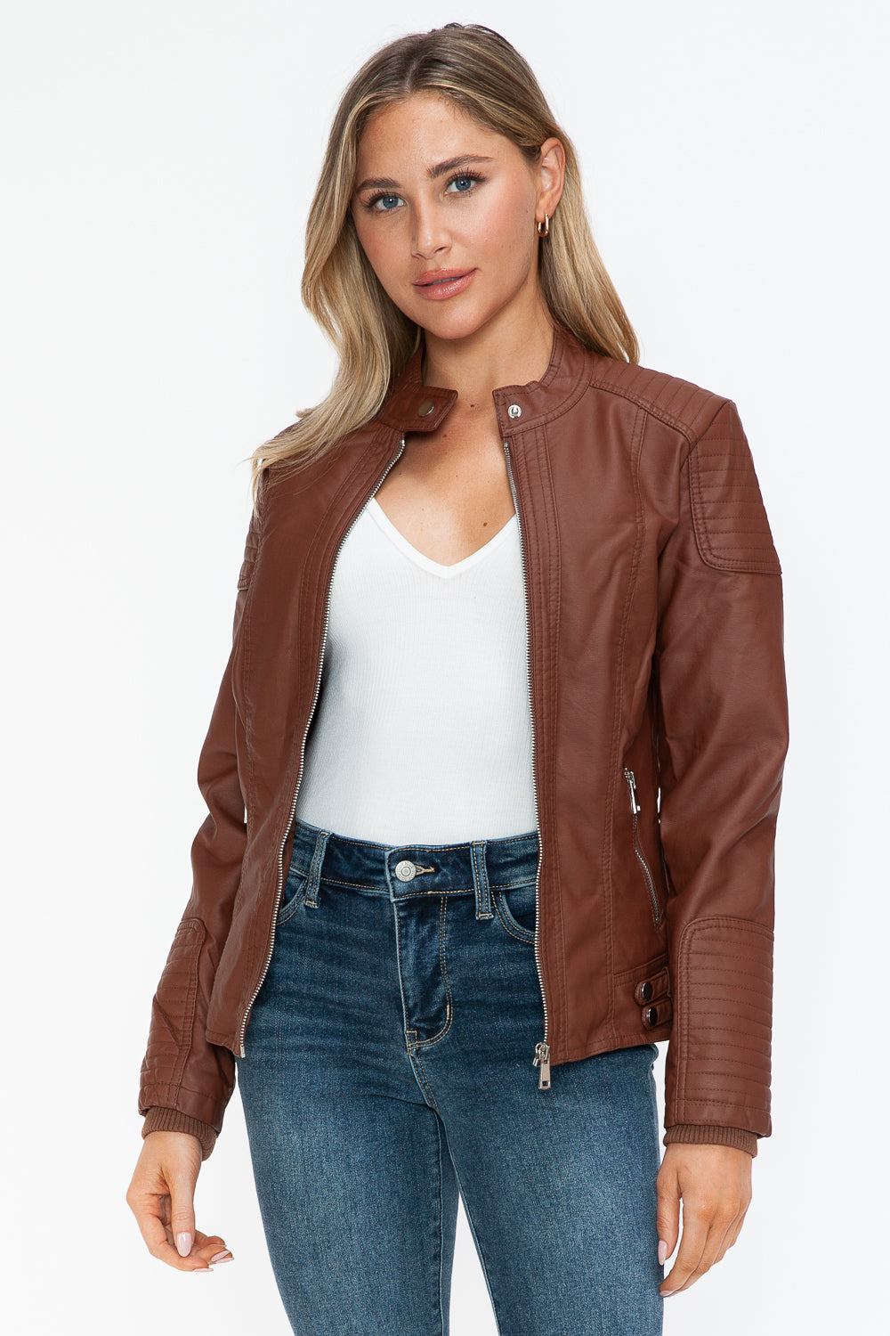 Snobbish A Wild Ride Faux Leather Biker Jacket with Side Zip Pockets in Brandy