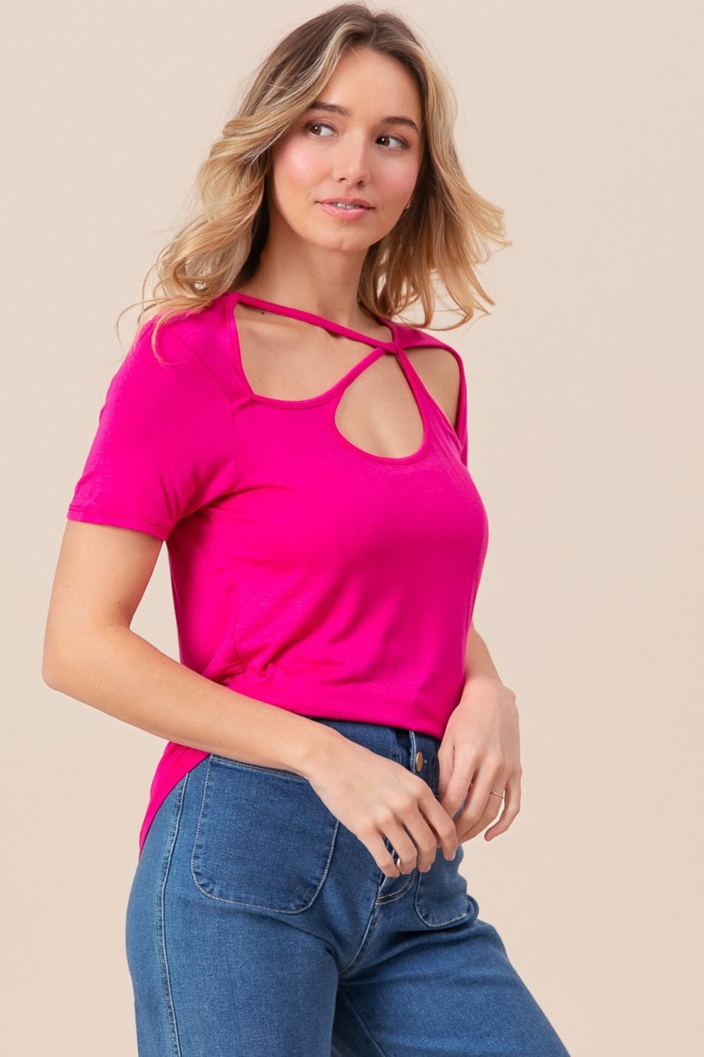 BiBi Shine Bright Cutout Asymmetrical Neck Short Sleeve T-Shirt