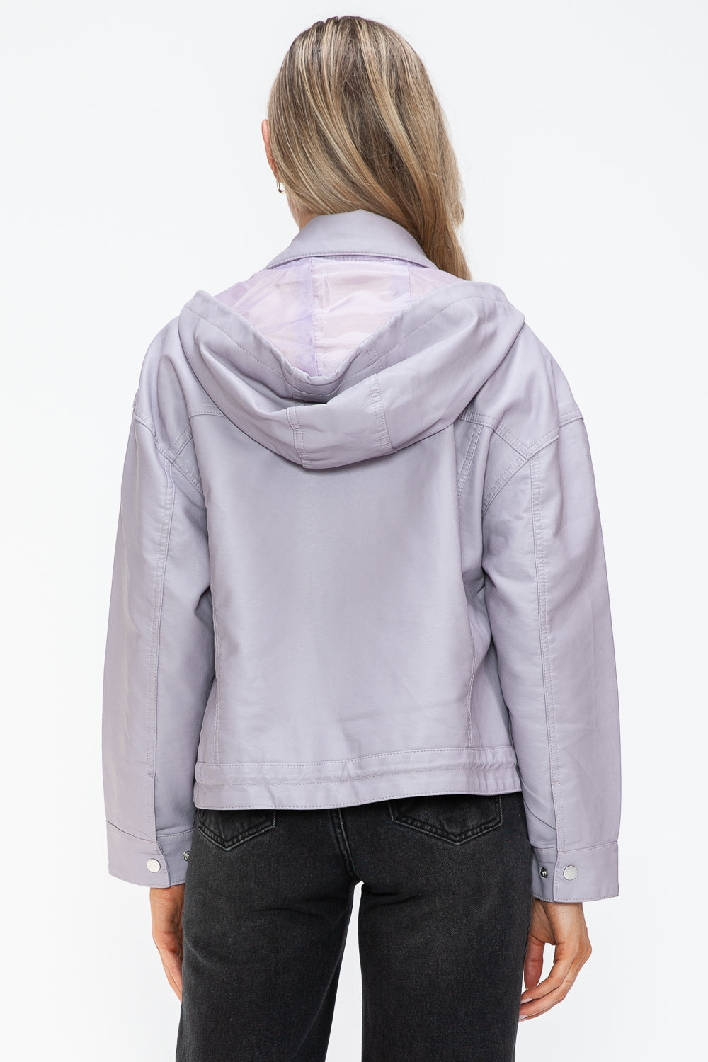 How Dare U My Favorite Layer Drawstring Hem PU Leather Zip Up Jacket in Lilac