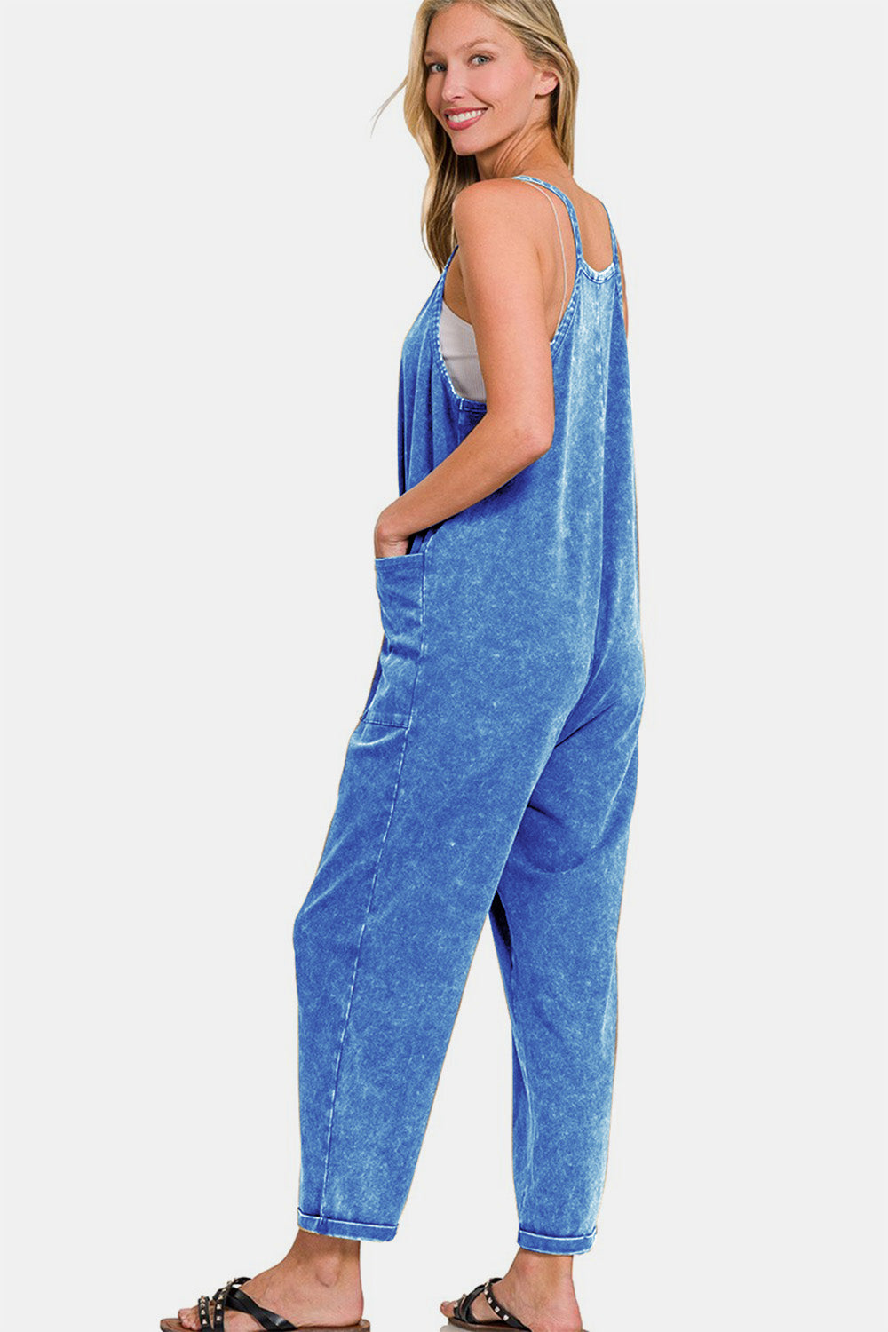 Zenana Oh Hey Funday Washed Spaghetti Straps Overalls with Pockets in Classic Blue