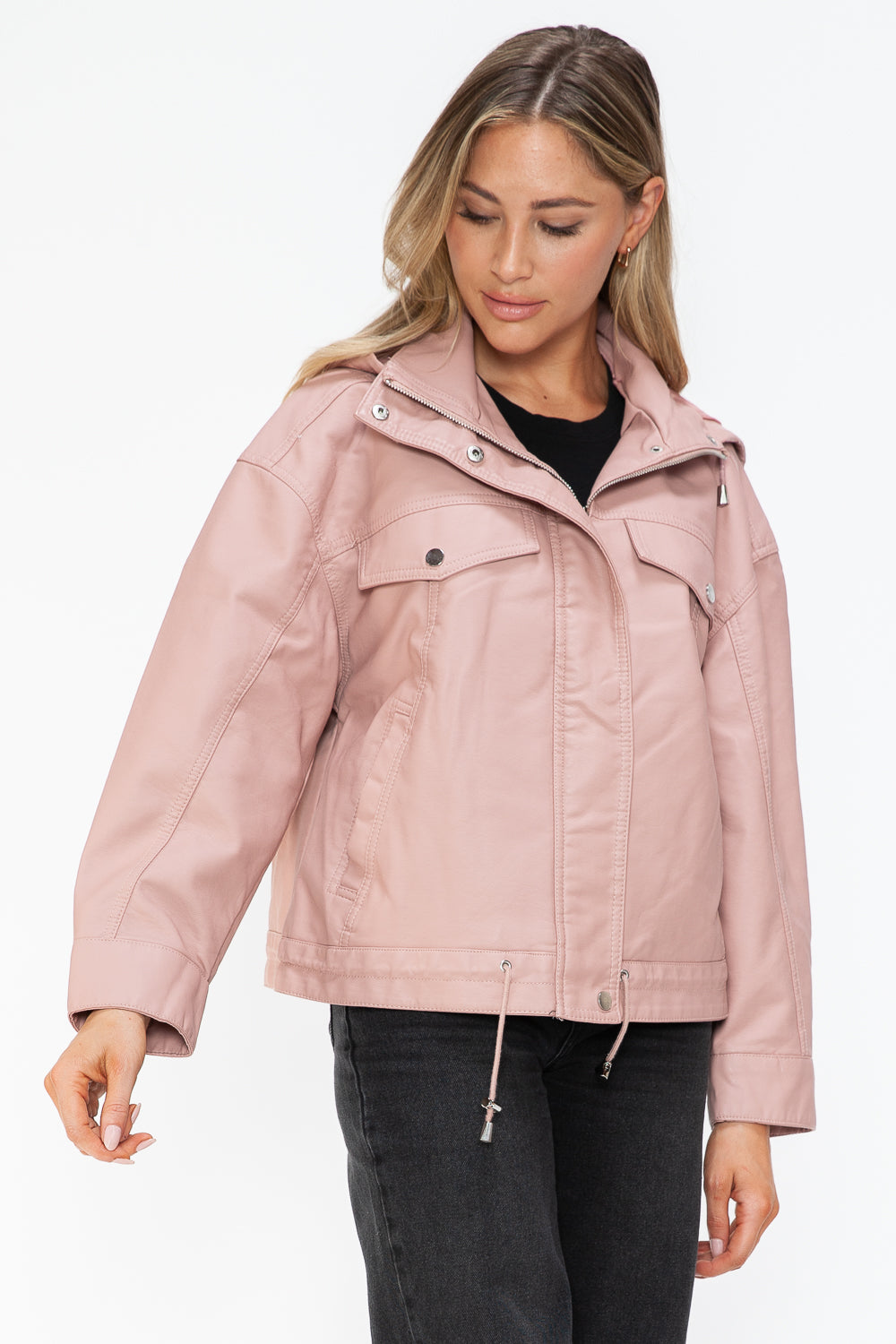 How Dare U My Favorite Layer Drawstring Hem PU Leather Zip Up Jacket in Mauve
