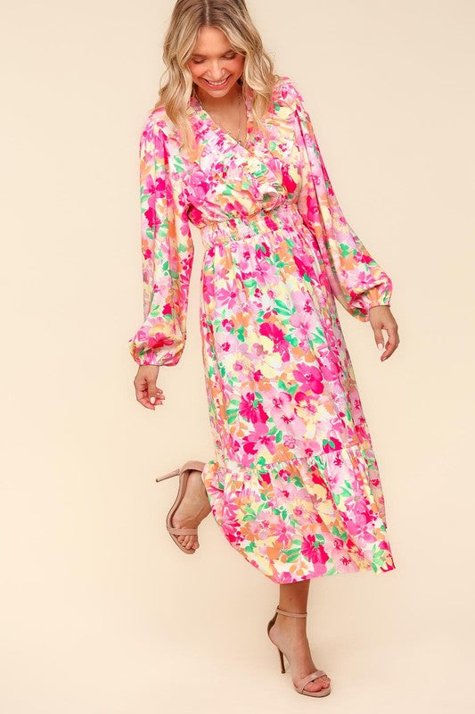 Haptics Plus One Floral Surplice Balloon Sleeve Dress with Side Pockets in Multicolor