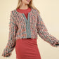 VERY J Feeling Fuzzy and Fabulous Shaggy Yarn Knit Zip Up Jacket in Green Multi