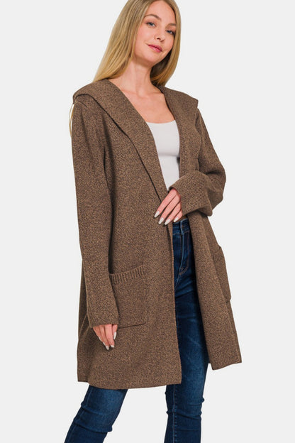 Zenana My Way Hooded Open Front Sweater Cardigan in Brown