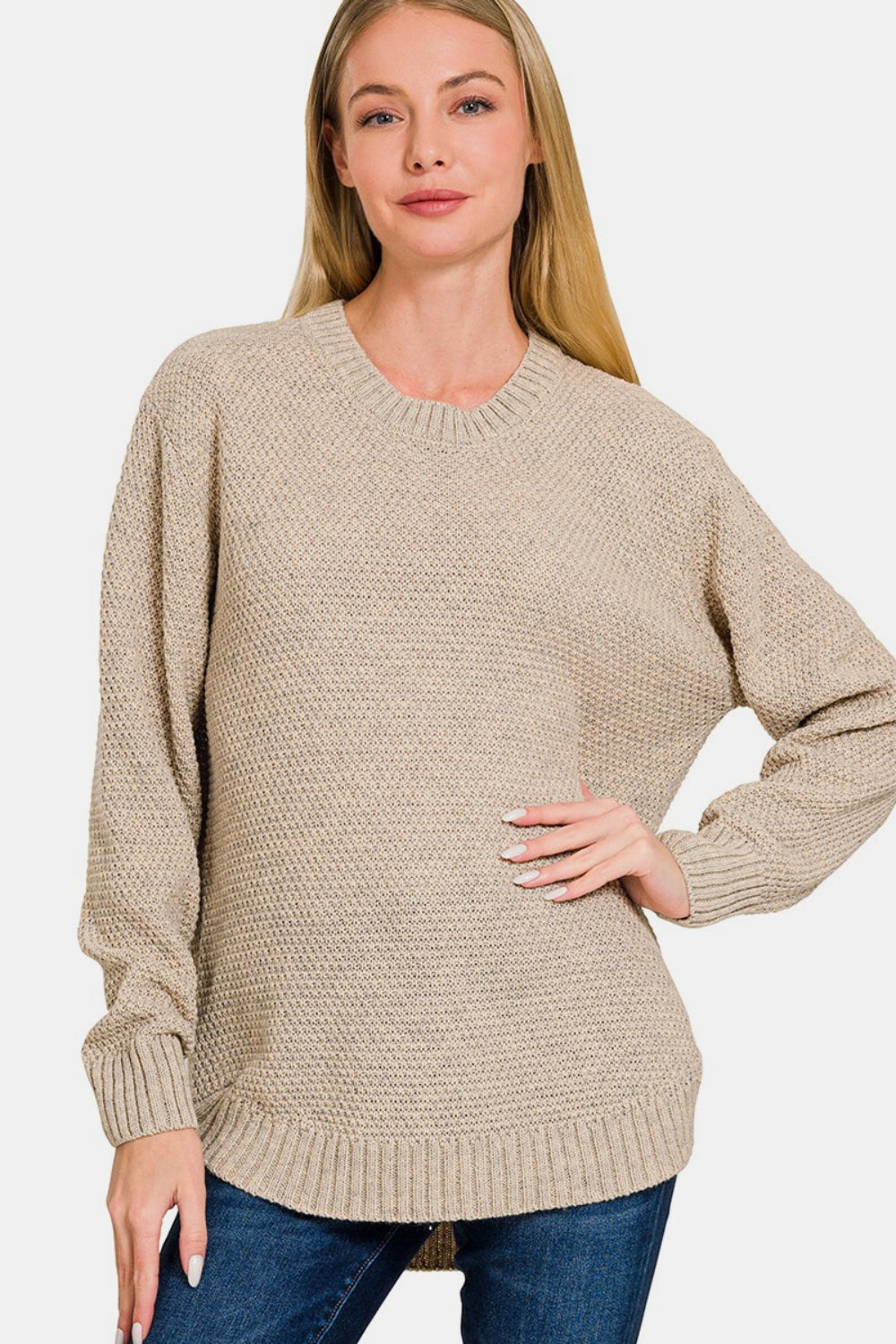 Zenana It's In The Curve Long Sleeve Curved Hem Sweater in H Beige