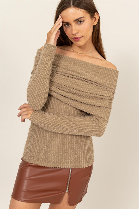 HYFVE Turn The Heat Up Fuzzy Off Shoulder Textured Knit Top