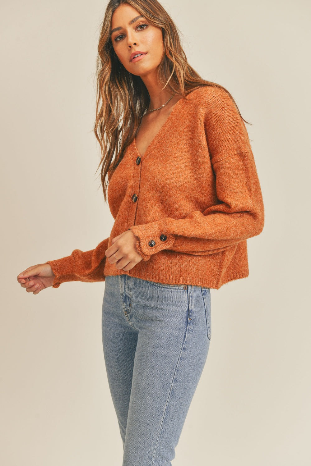 MABLE Buttoned Up Long Sleeve Button Down Sweater Cardigan in Rust